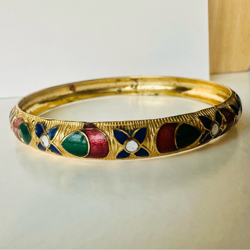 Vintage Cloisonné Gold-Tone Patterned Bangle